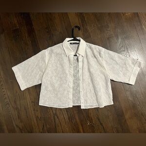 Zara White Sheer Floral Cropper Button Down Shirt Size Small